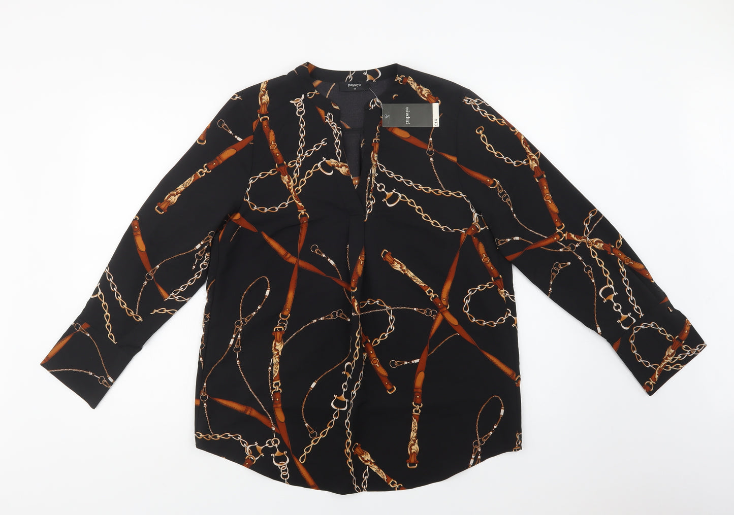 Papaya Womens Black Geometric Polyester Basic Blouse Size 12 V-Neck