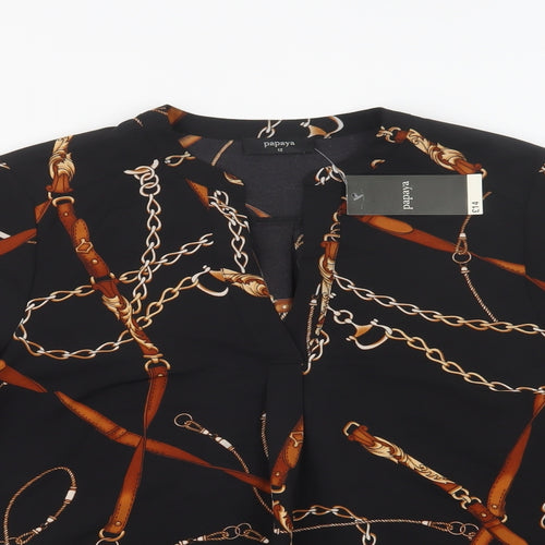 Papaya Womens Black Geometric Polyester Basic Blouse Size 12 V-Neck