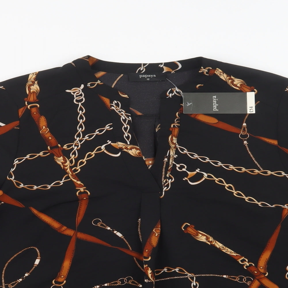 Papaya Womens Black Geometric Polyester Basic Blouse Size 12 V-Neck