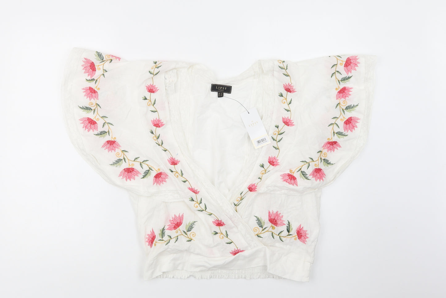 Lipsy London Womens White Floral Cotton Basic Blouse Size 16 V-Neck