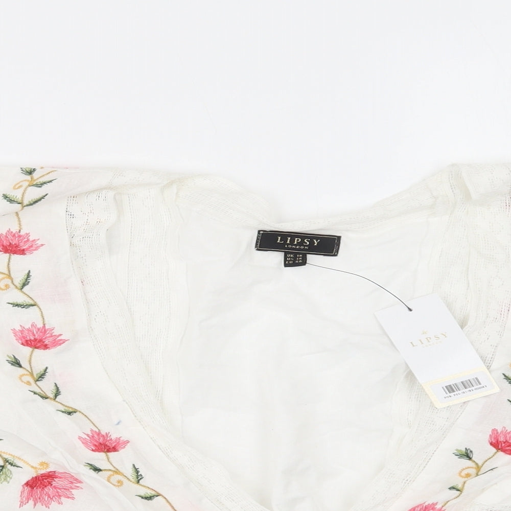 Lipsy London Womens White Floral Cotton Basic Blouse Size 16 V-Neck