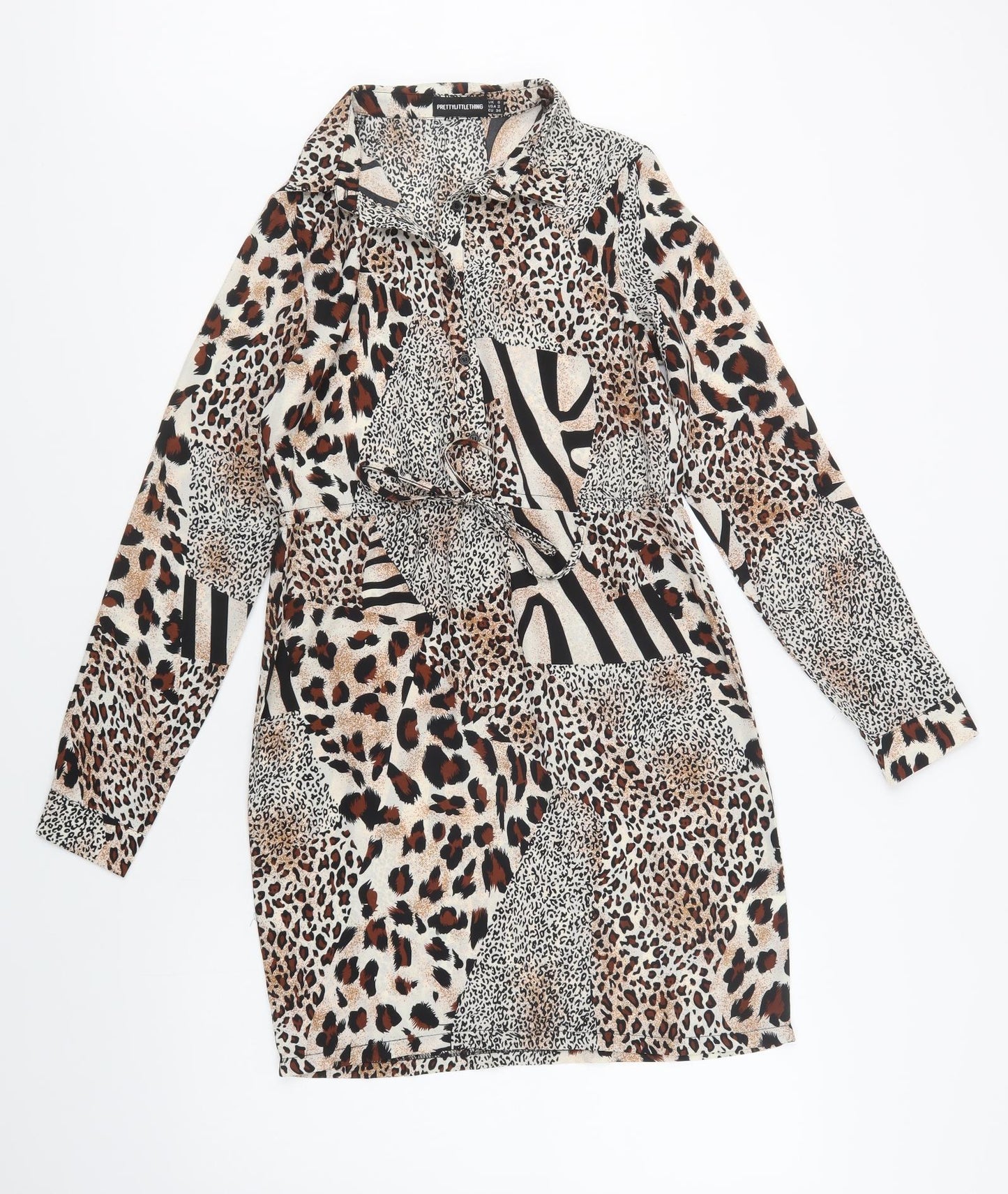 PRETTYLITTLETHING Womens Brown Animal Print Polyester Shirt Dress  Size 6  Collared Button
