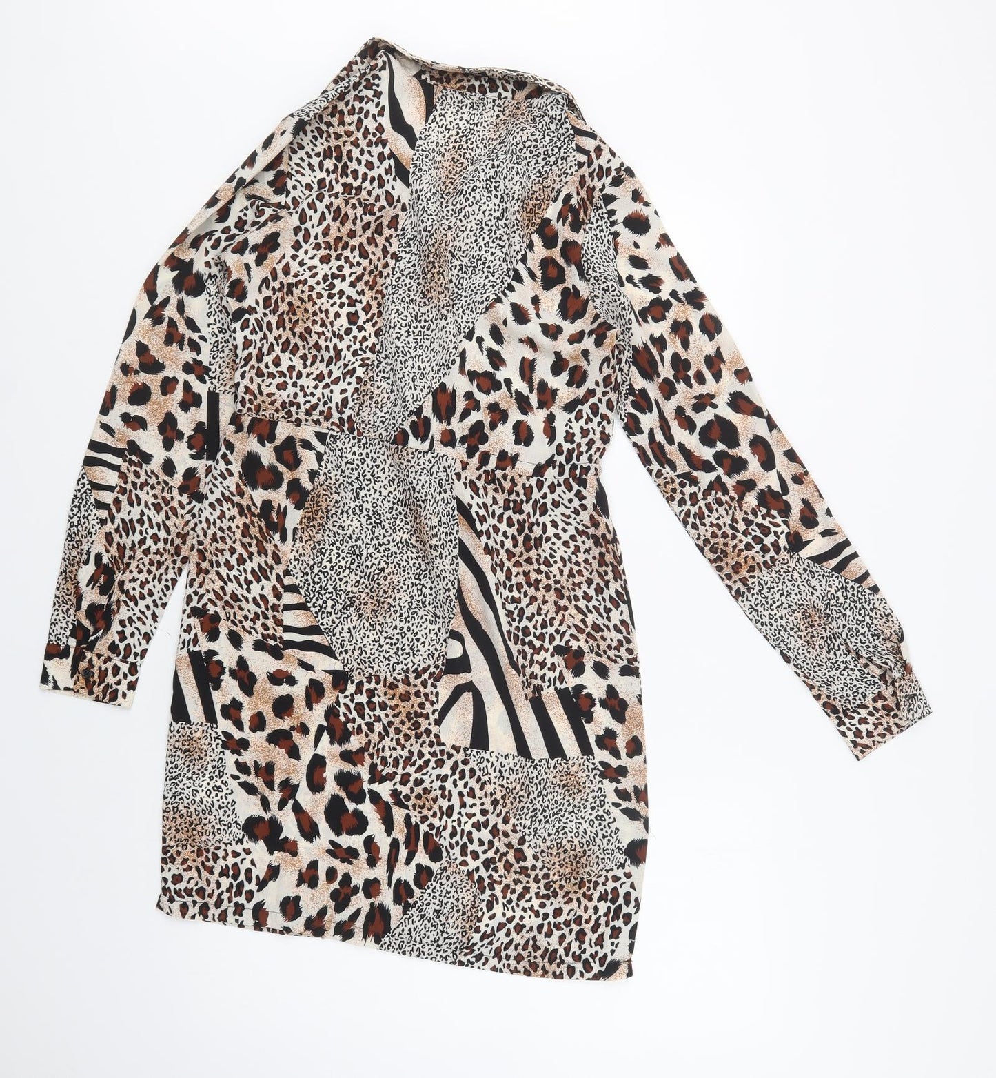 PRETTYLITTLETHING Womens Brown Animal Print Polyester Shirt Dress  Size 6  Collared Button