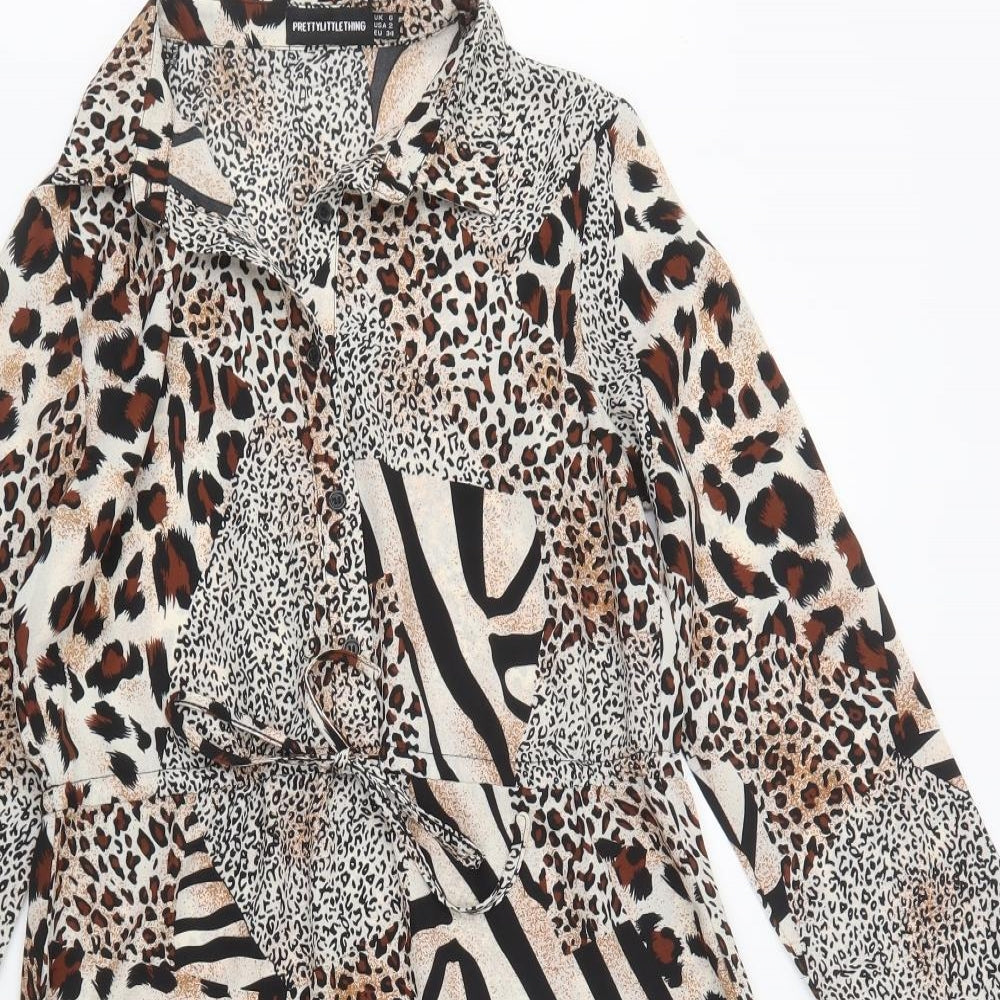 PRETTYLITTLETHING Womens Brown Animal Print Polyester Shirt Dress  Size 6  Collared Button