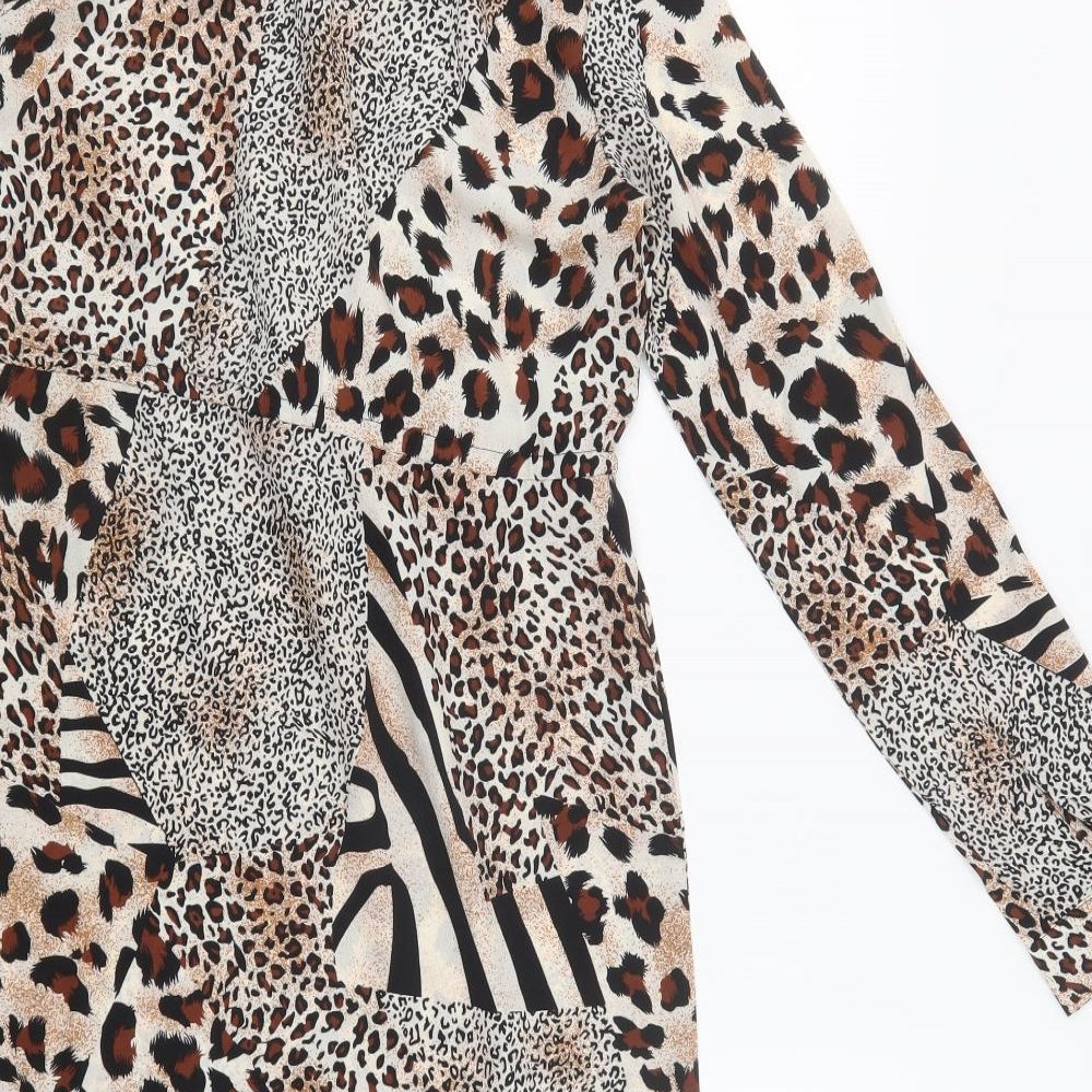 PRETTYLITTLETHING Womens Brown Animal Print Polyester Shirt Dress  Size 6  Collared Button