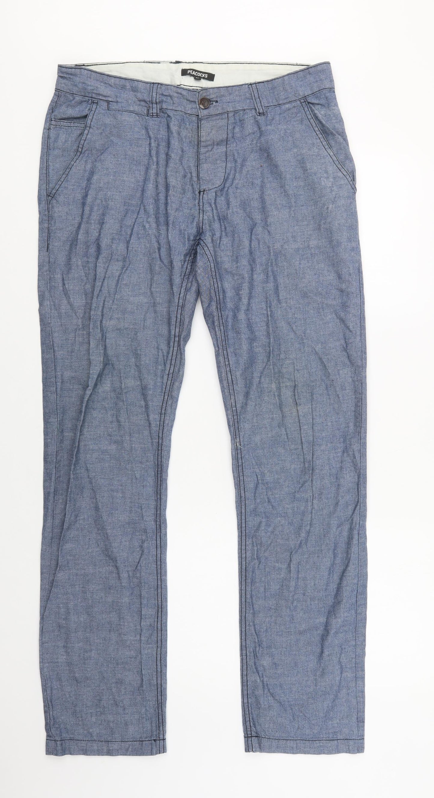 Peacocks Mens Blue  Cotton Chino Trousers Size 32 L32 in Regular Button