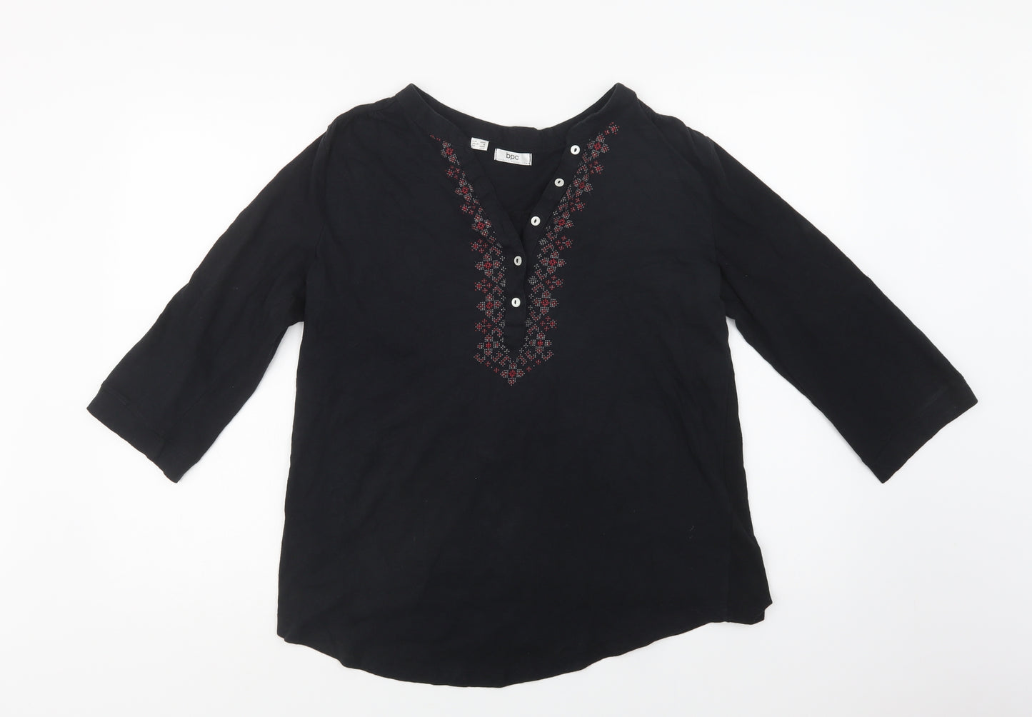 bonprix Womens Black Geometric Cotton Basic Blouse Size M V-Neck