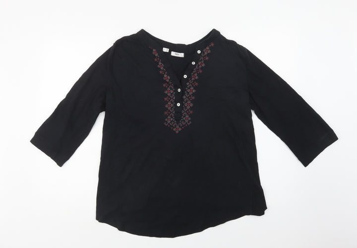 bonprix Womens Black Geometric Cotton Basic Blouse Size M V-Neck
