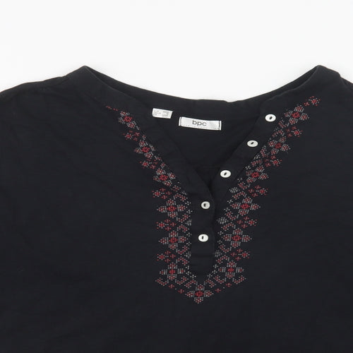 bonprix Womens Black Geometric Cotton Basic Blouse Size M V-Neck
