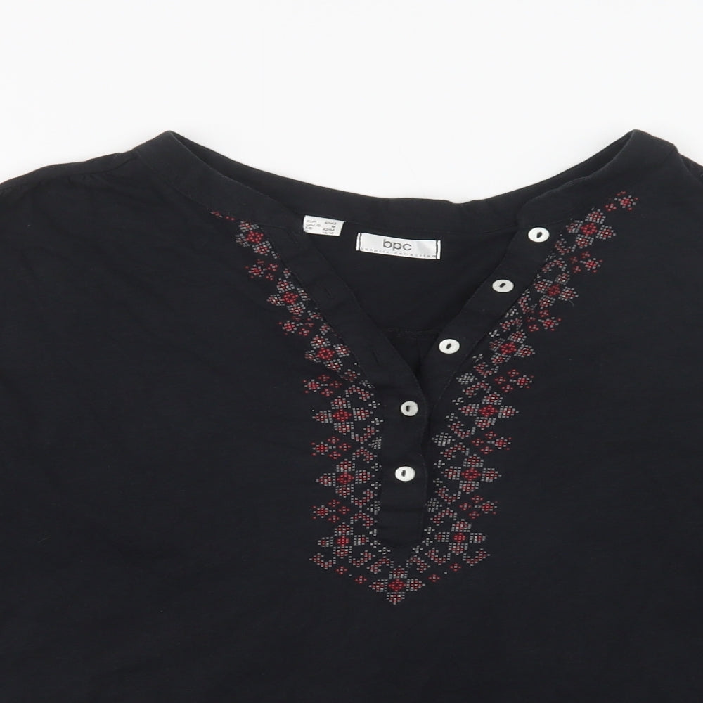 bonprix Womens Black Geometric Cotton Basic Blouse Size M V-Neck