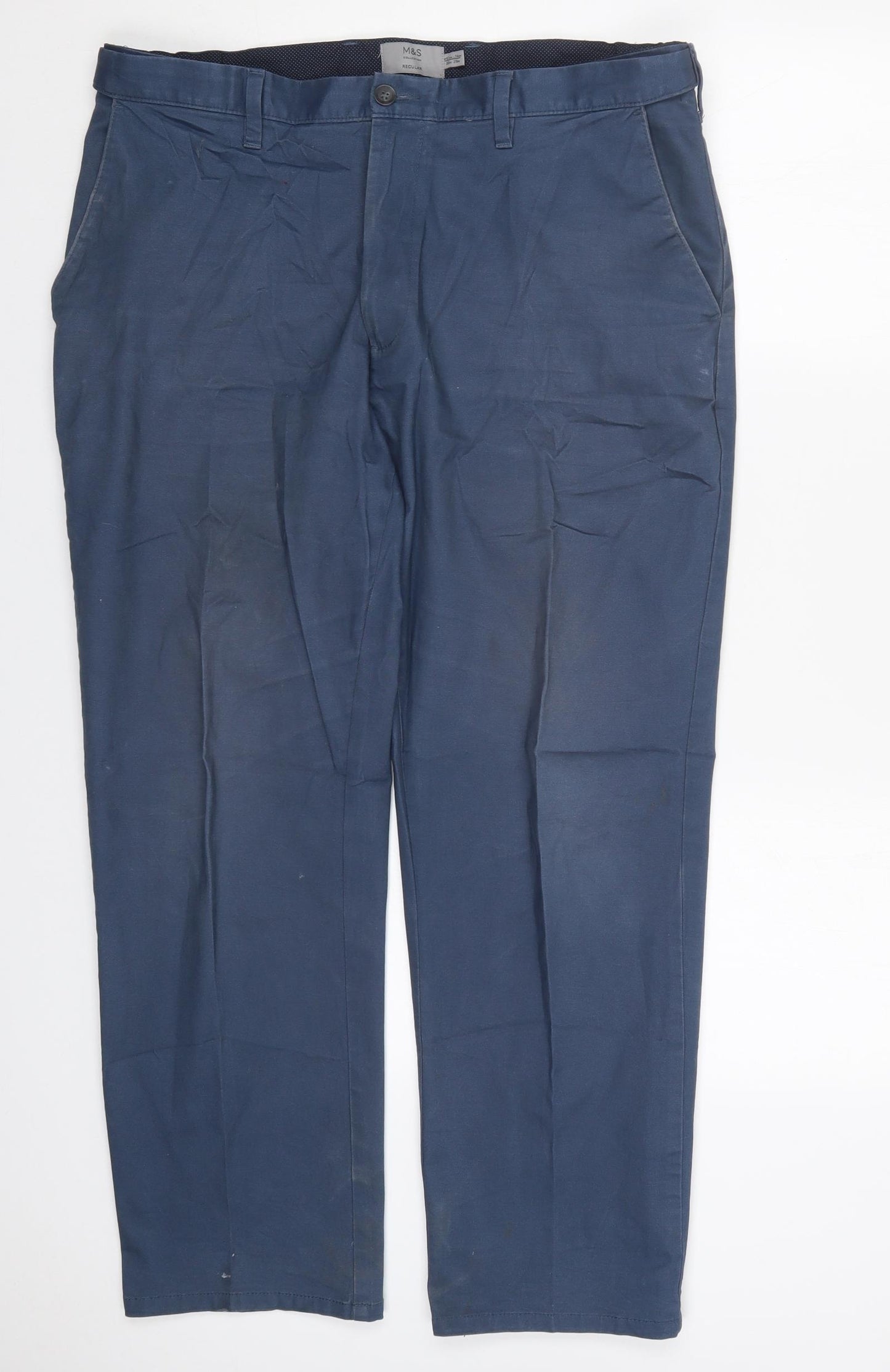 Marks and Spencer Mens Blue  Cotton Trousers  Size 38 L29 in Regular Button