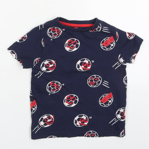 Primark Boys Blue  Cotton Basic T-Shirt Size 4-5 Years Crew Neck Pullover - Footballs
