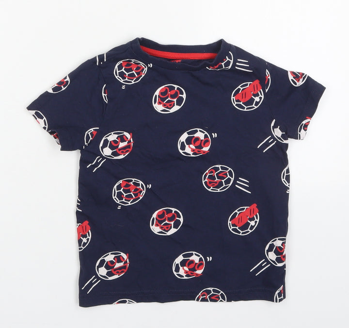 Primark Boys Blue Cotton Basic T-Shirt Size 4-5 Years Crew Neck Pullover - Footballs