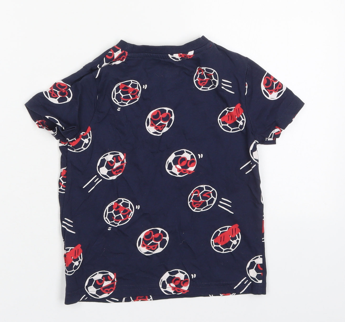 Primark Boys Blue  Cotton Basic T-Shirt Size 4-5 Years Crew Neck Pullover - Footballs