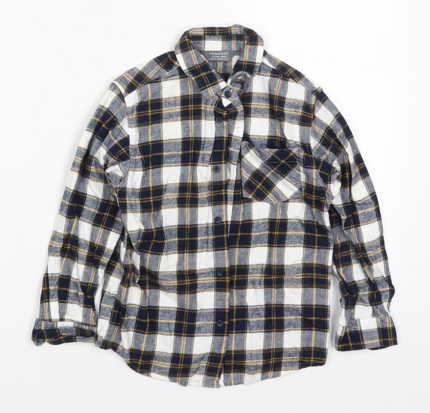 Primark Boys Blue Check Cotton Basic Button-Up Size 4-5 Years Collared Button - Yellow