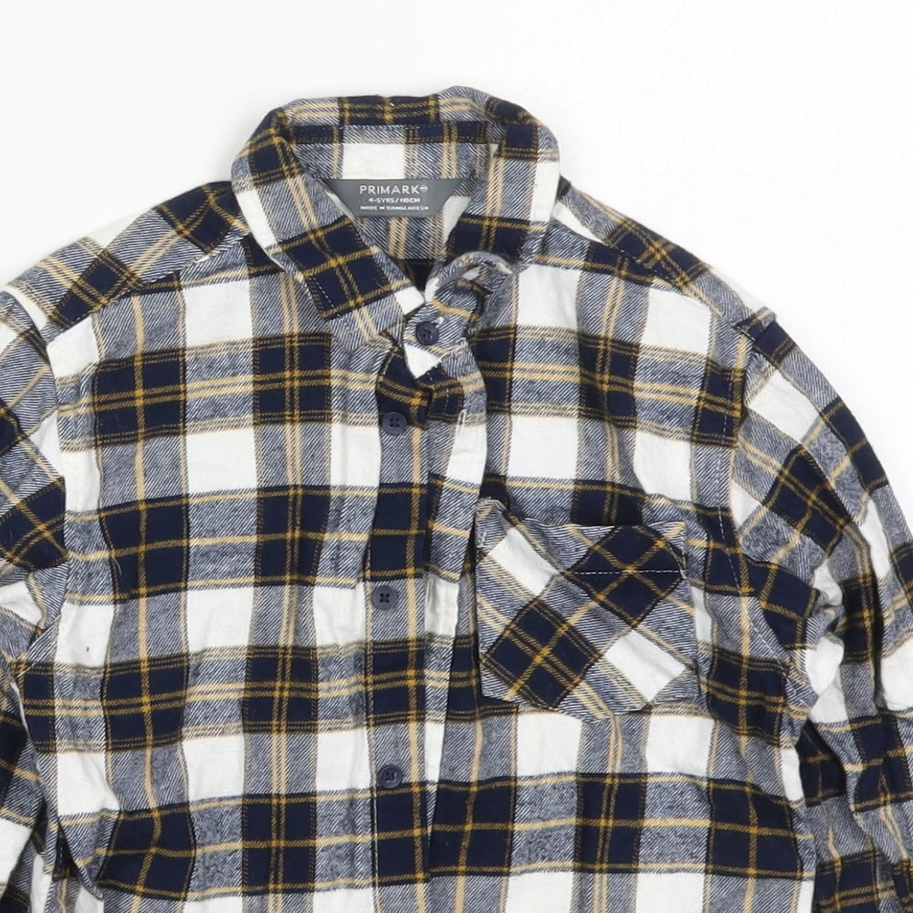 Primark Boys Blue Check Cotton Basic Button-Up Size 4-5 Years Collared Button - Yellow