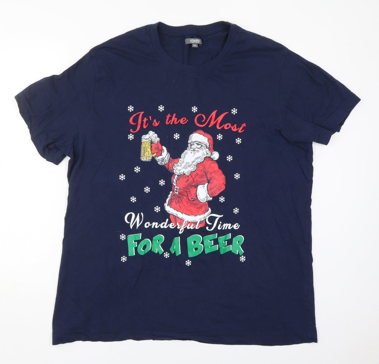 Studio Mens Blue  Cotton  T-Shirt Size 2XL Crew Neck  - It's The Most Wonderful Time For a Beer Christmas Santa