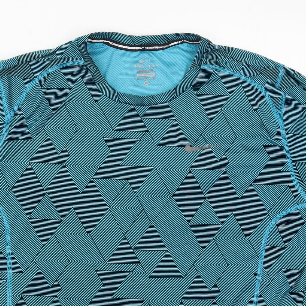 Nike Mens Blue Geometric Polyester  T-Shirt Size XL Crew Neck