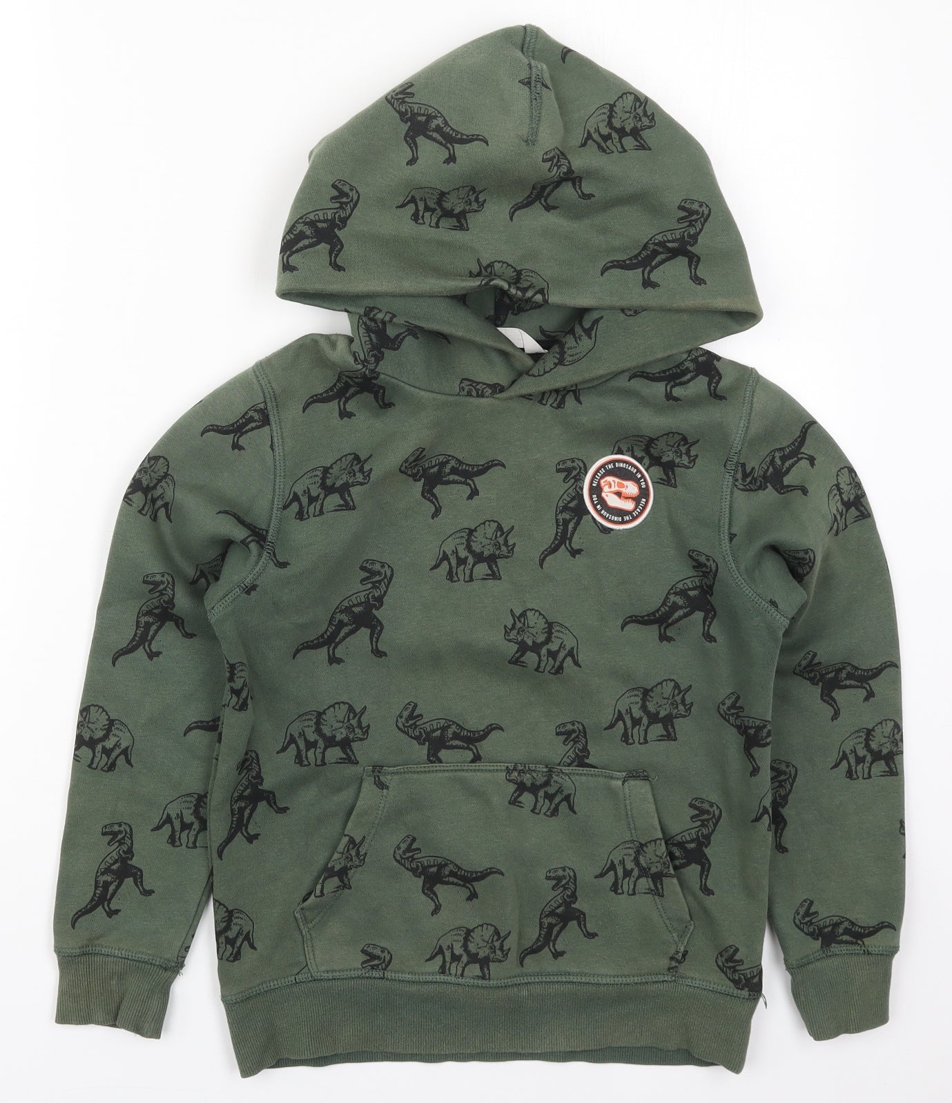 H&M Boys Green  Cotton Pullover Hoodie Size 9-10 Years  Pullover - Dinosaurs