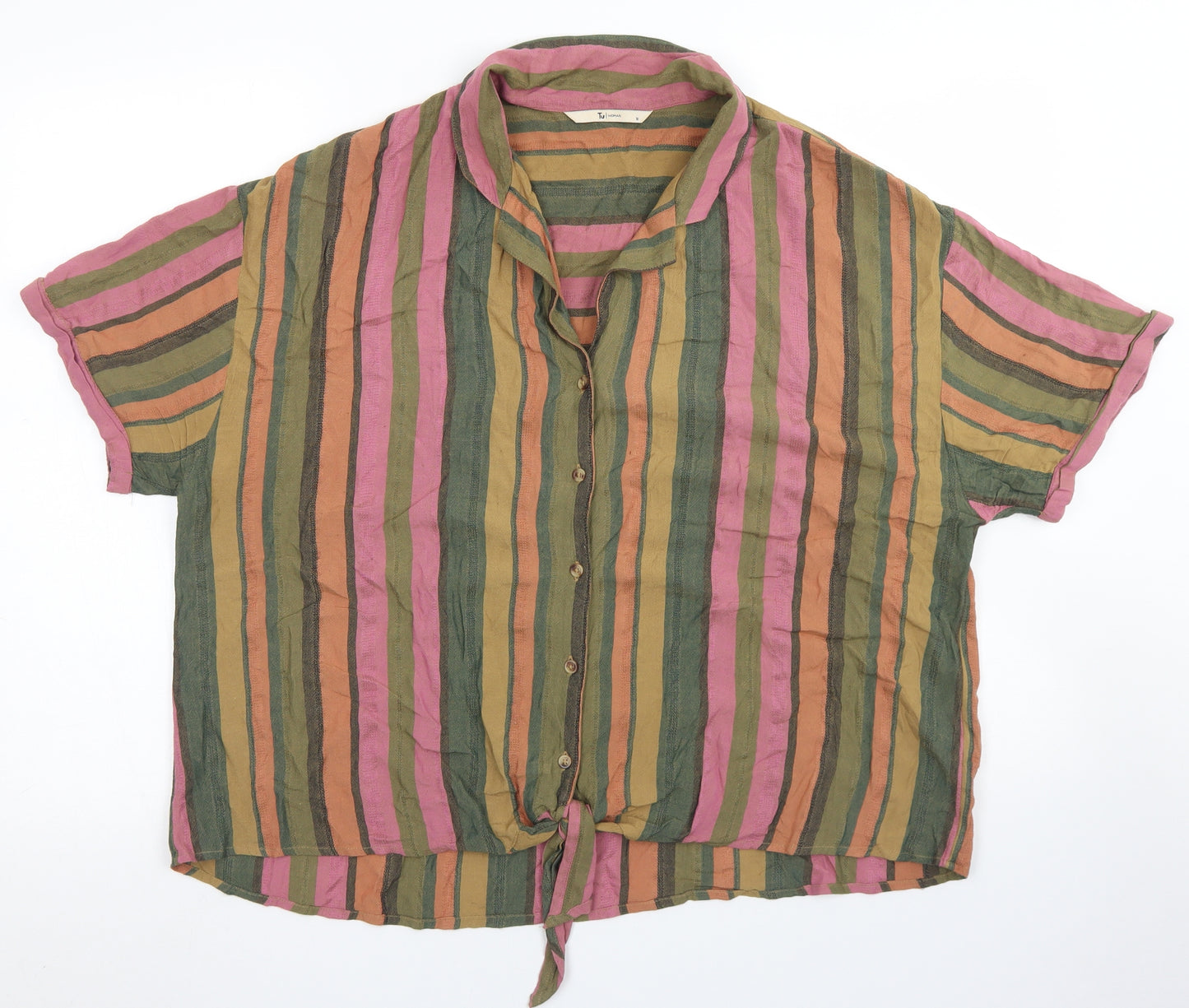 TU Womens Green Striped Viscose Cropped Button-Up Size 16 Collared - not Fromnt