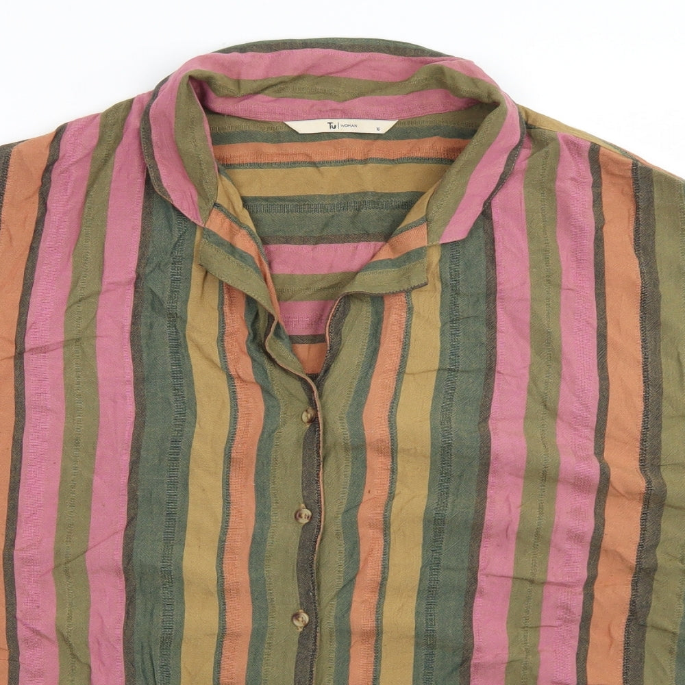 TU Womens Green Striped Viscose Cropped Button-Up Size 16 Collared - not Fromnt