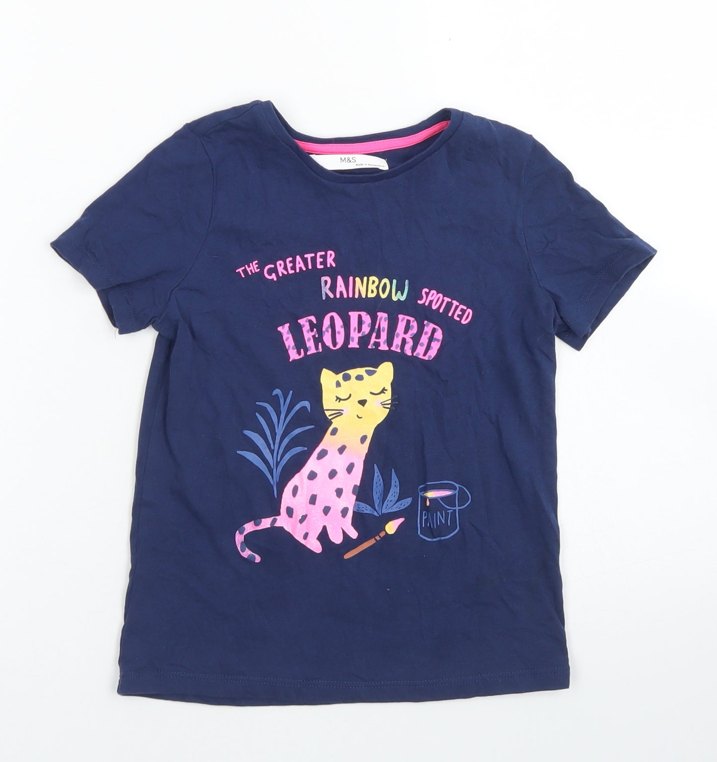 M&S Girls Blue  Cotton Basic T-Shirt Size 6-7 Years Crew Neck  - Leopard