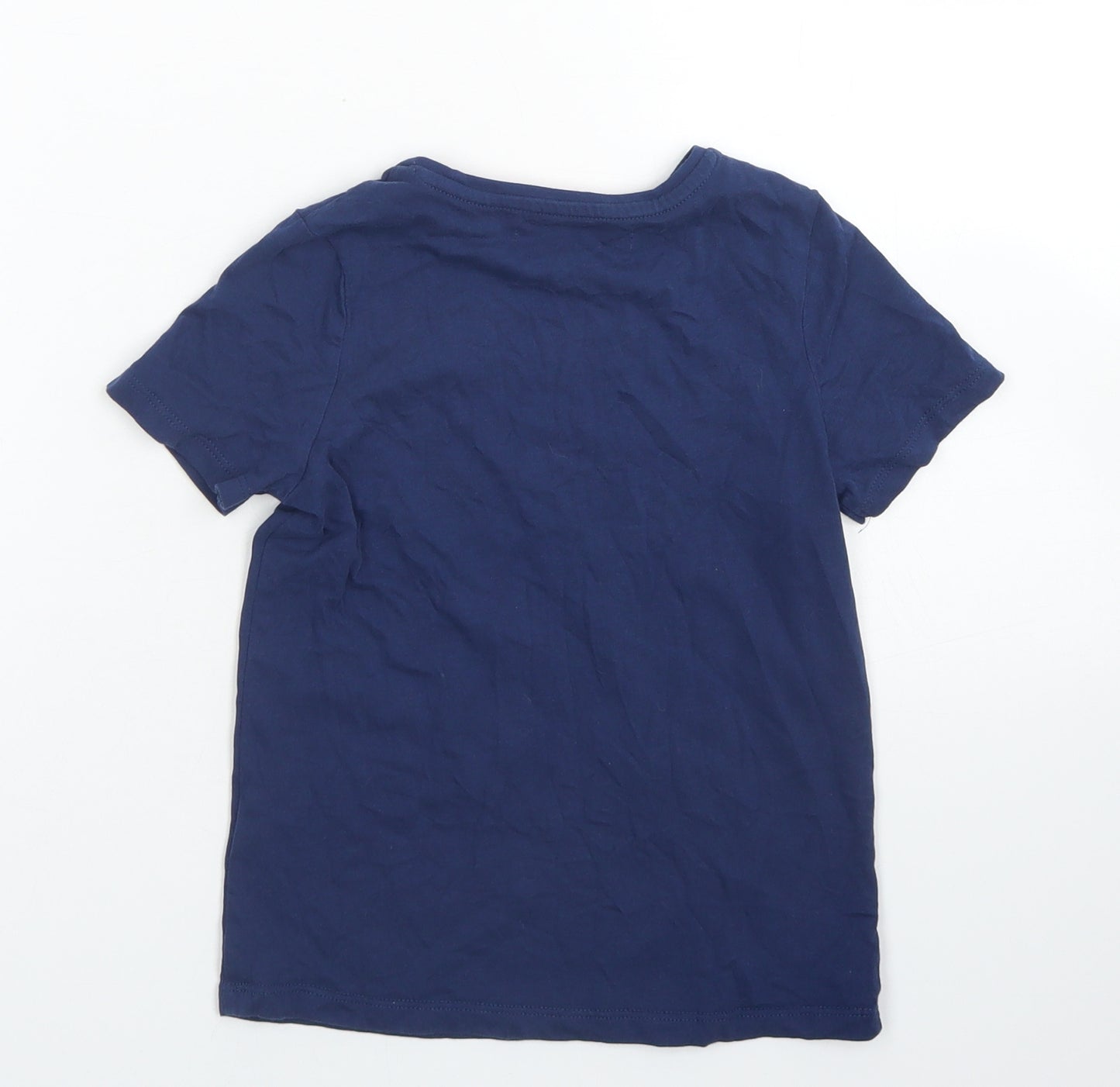 M&S Girls Blue  Cotton Basic T-Shirt Size 6-7 Years Crew Neck  - Leopard