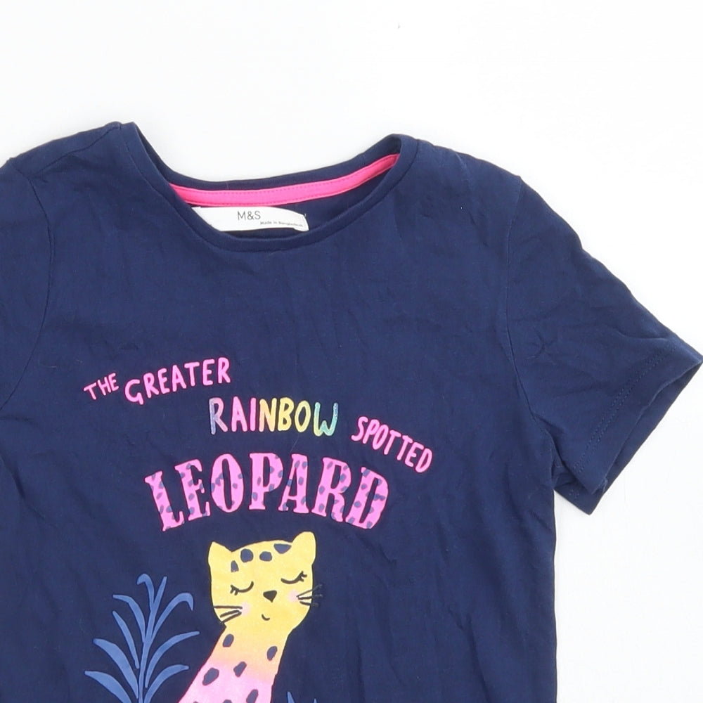 M&S Girls Blue  Cotton Basic T-Shirt Size 6-7 Years Crew Neck  - Leopard