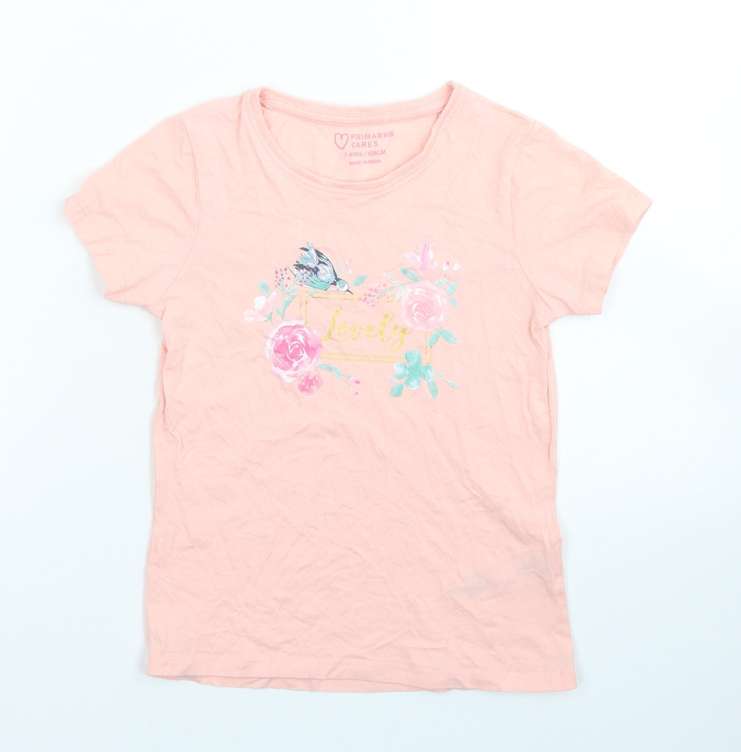 Primark Girls Pink  Cotton Basic T-Shirt Size 7-8 Years Crew Neck