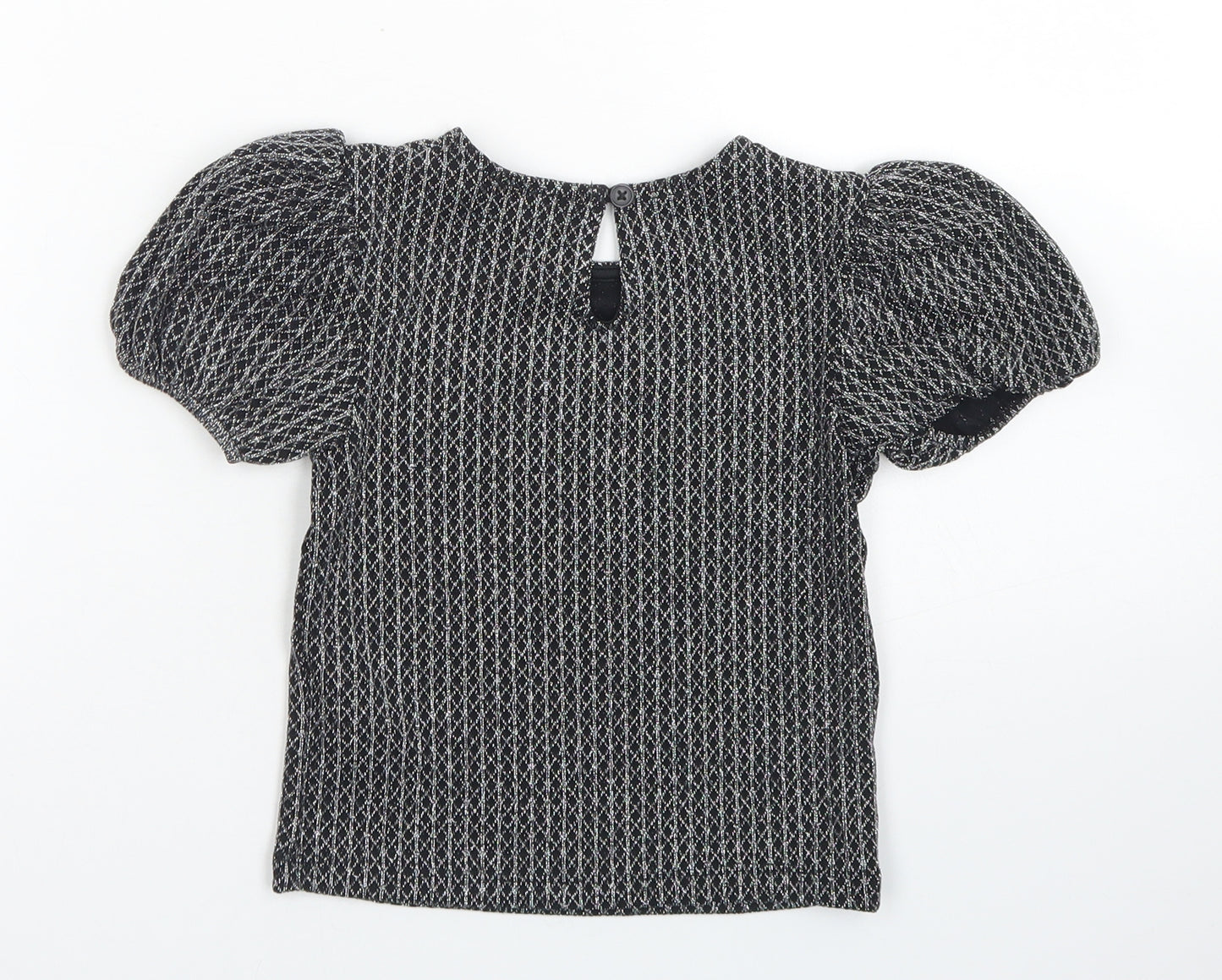 Primark Girls Black Geometric Nylon Basic Blouse Size 6-7 Years Crew Neck Button - Puff Sleeve