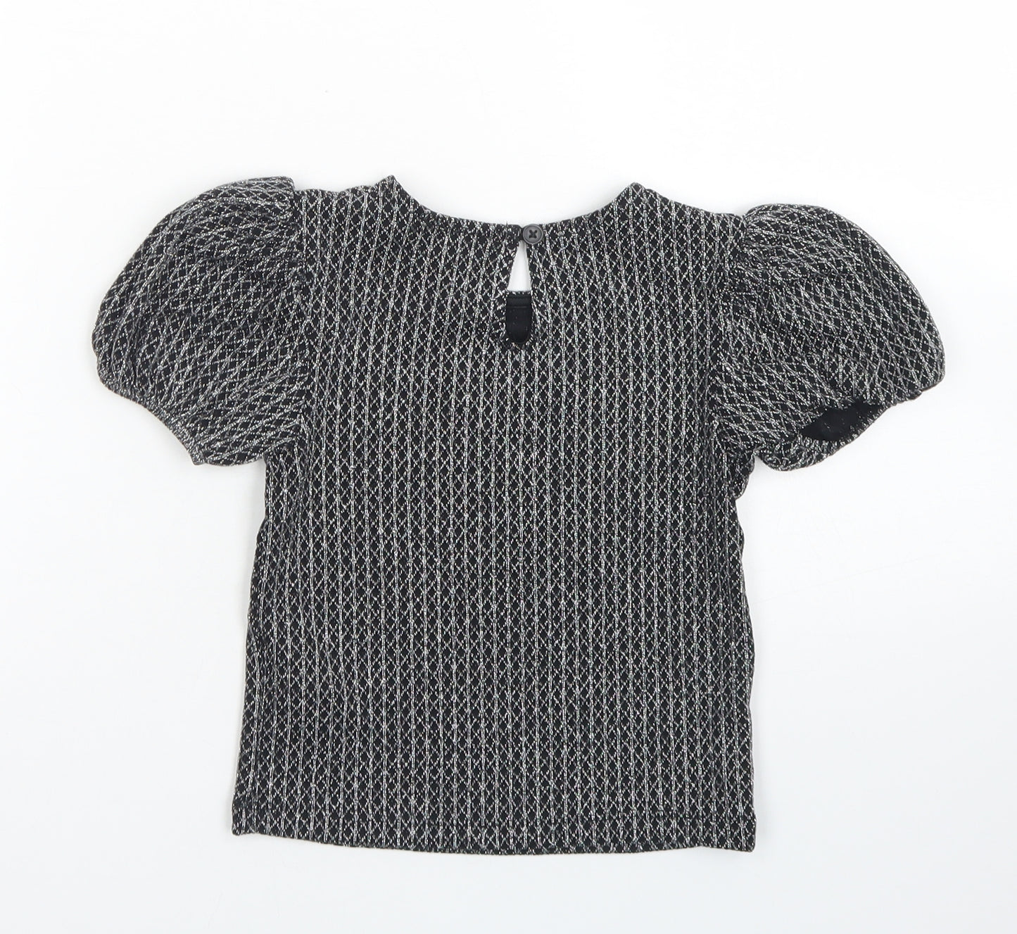 Primark Girls Black Geometric Nylon Basic Blouse Size 6-7 Years Crew Neck Button - Puff Sleeve