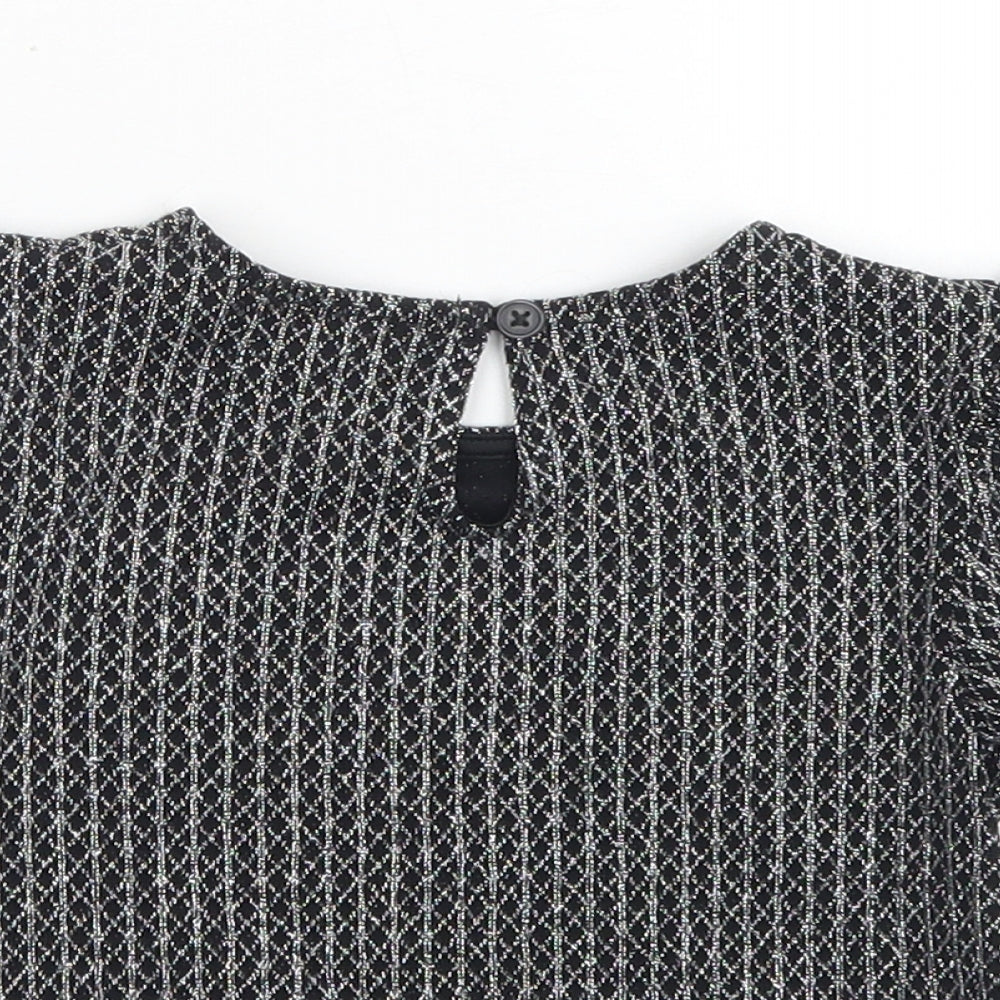 Primark Girls Black Geometric Nylon Basic Blouse Size 6-7 Years Crew Neck Button - Puff Sleeve