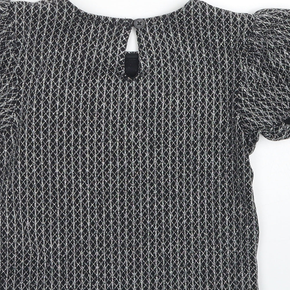 Primark Girls Black Geometric Nylon Basic Blouse Size 6-7 Years Crew Neck Button - Puff Sleeve