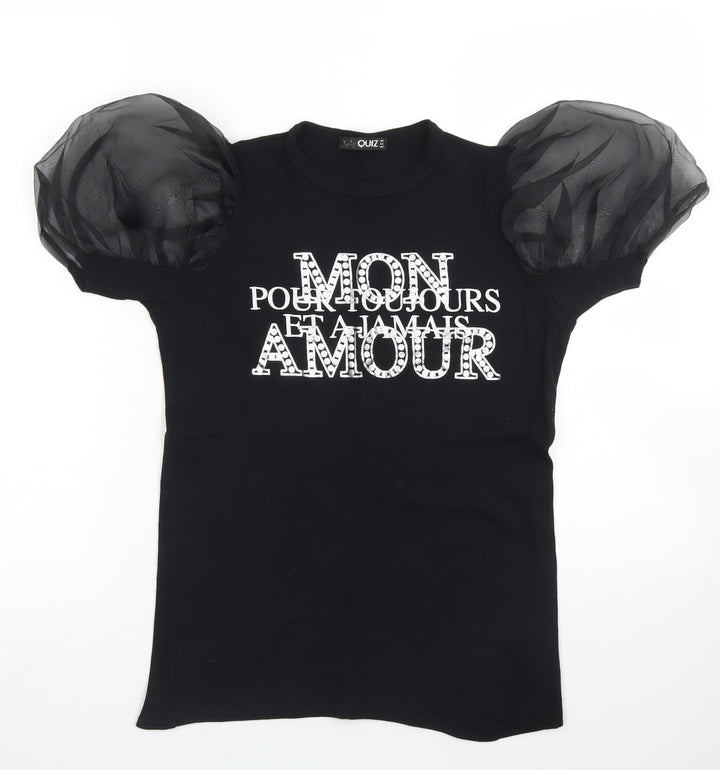 Quiz Womens Black Cotton Basic T-Shirt Size 8 Crew Neck - Puff Sleeve