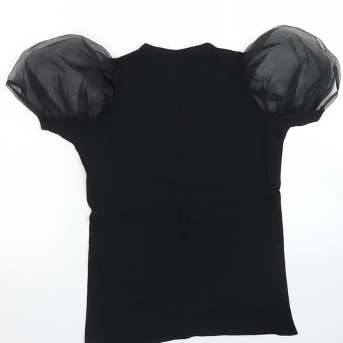 Quiz Womens Black  Cotton Basic T-Shirt Size 8 Crew Neck - Puff Sleeve