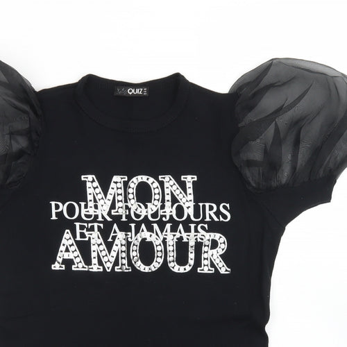 Quiz Womens Black  Cotton Basic T-Shirt Size 8 Crew Neck - Puff Sleeve