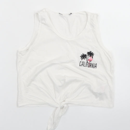 915 Generation Girls White  Cotton Cropped Tank Size 9 Years Round Neck  - Flamingo, Tie front