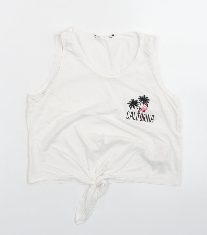 915 Generation Girls White  Cotton Cropped Tank Size 9 Years Round Neck  - Flamingo, Tie front