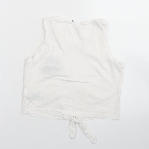 915 Generation Girls White  Cotton Cropped Tank Size 9 Years Round Neck  - Flamingo, Tie front