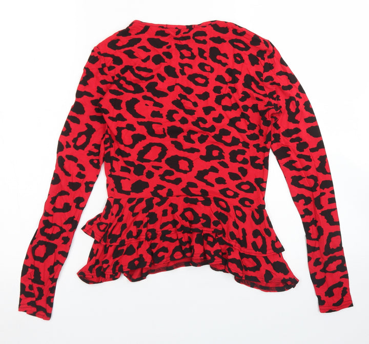 Missguided Womens Red Animal Print Viscose Basic T-Shirt Size 6 Round Neck