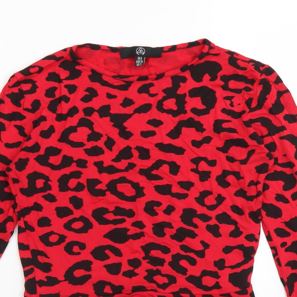 Missguided Womens Red Animal Print Viscose Basic T-Shirt Size 6 Round Neck
