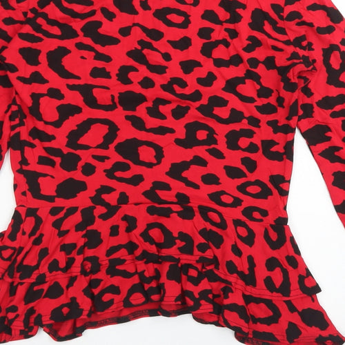 Missguided Womens Red Animal Print Viscose Basic T-Shirt Size 6 Round Neck