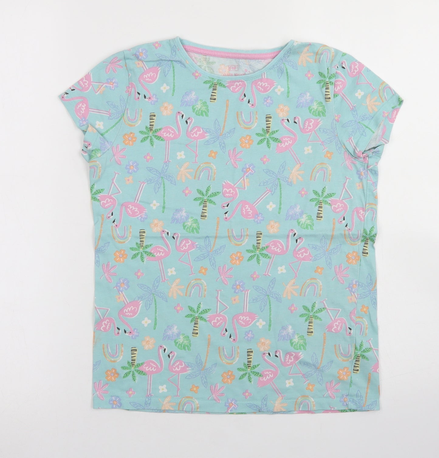 F&F Girls Blue Floral Cotton Basic T-Shirt Size 10-11 Years Crew Neck  - Flamingo print