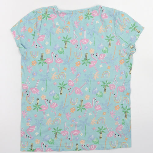 F&F Girls Blue Floral Cotton Basic T-Shirt Size 10-11 Years Crew Neck  - Flamingo print