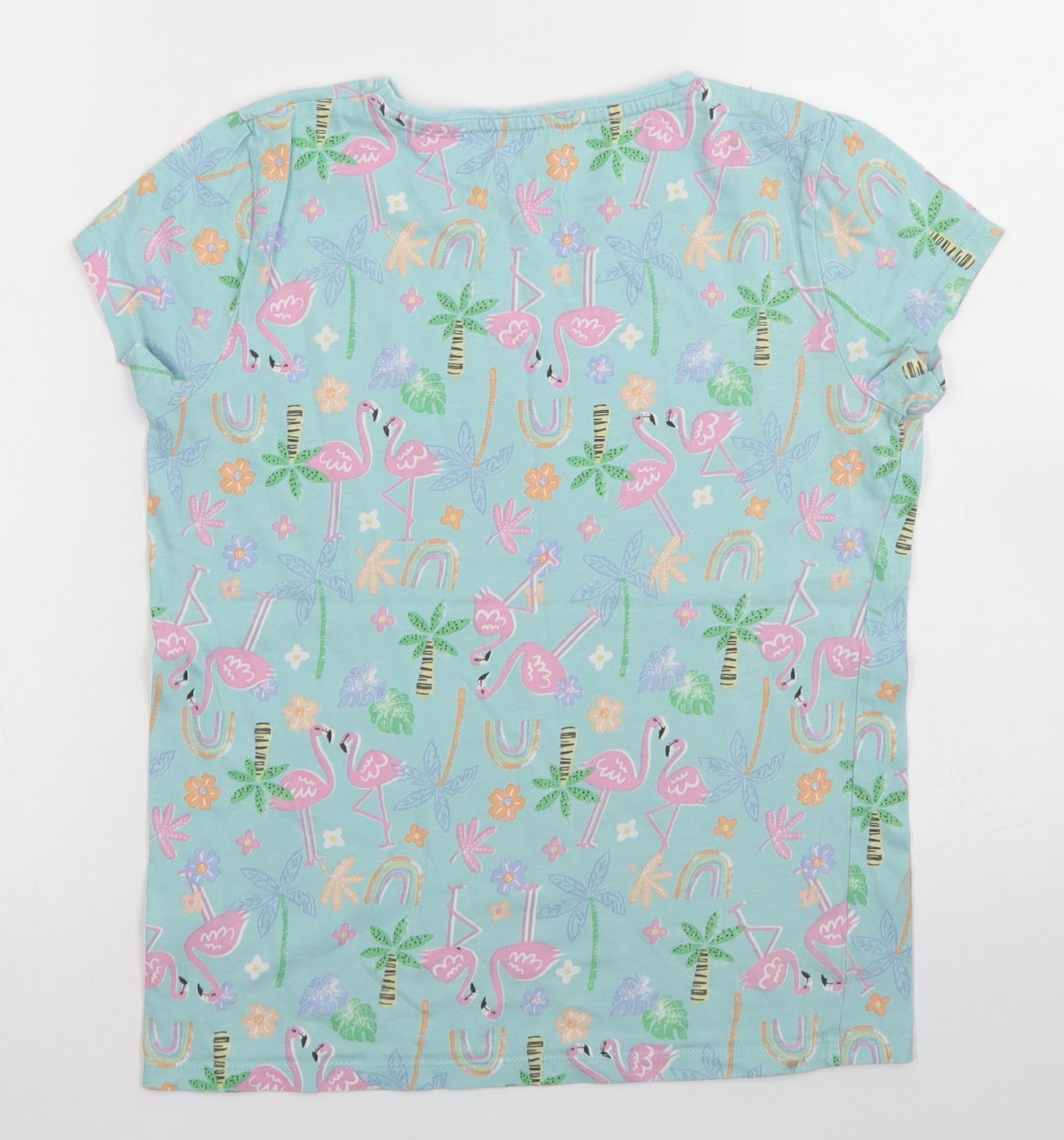 F&F Girls Blue Floral Cotton Basic T-Shirt Size 10-11 Years Crew Neck  - Flamingo print