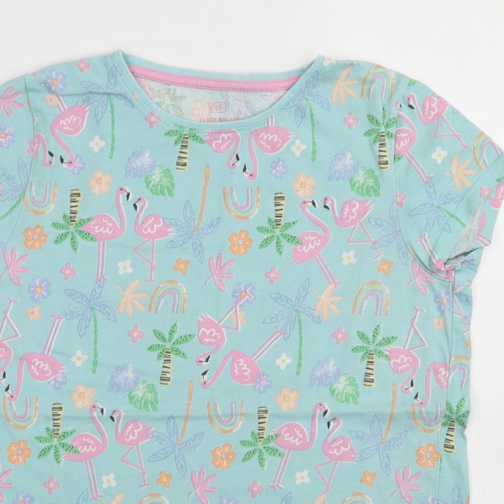 F&F Girls Blue Floral Cotton Basic T-Shirt Size 10-11 Years Crew Neck  - Flamingo print