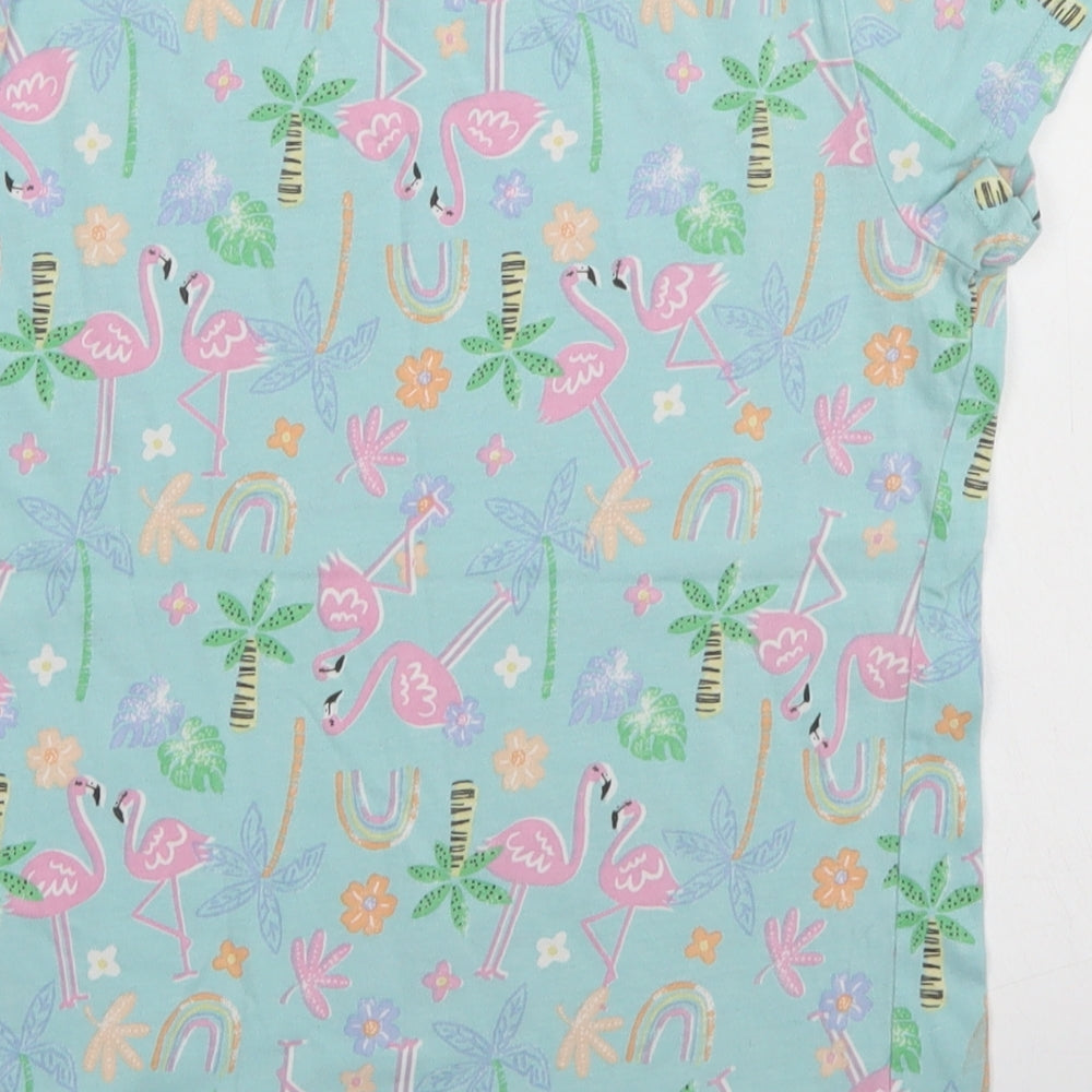 F&F Girls Blue Floral Cotton Basic T-Shirt Size 10-11 Years Crew Neck  - Flamingo print