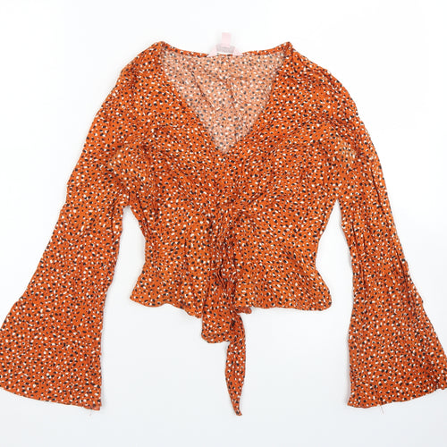 Miss Selfridge Womens Brown Animal Print Viscose Cropped Blouse Size 4 V-Neck - Flare sleeve