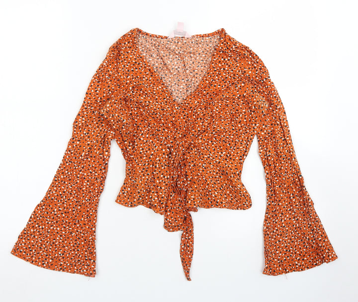 Miss Selfridge Womens Brown Animal Print Viscose Cropped Blouse Size 4 V-Neck - Flare sleeve