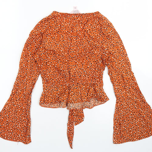Miss Selfridge Womens Brown Animal Print Viscose Cropped Blouse Size 4 V-Neck - Flare sleeve